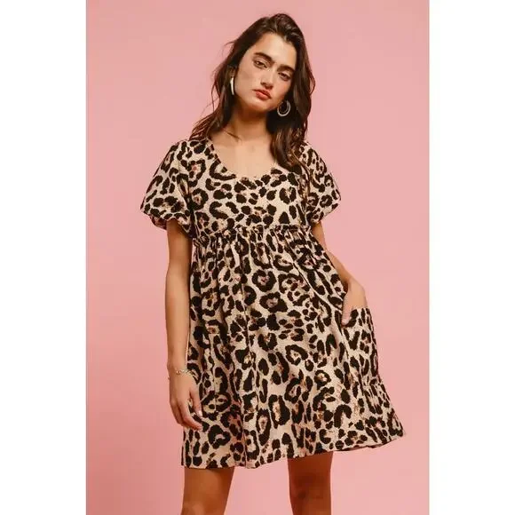 BiBi Leopard Print Woven Puff Sleeves Dress with Patch - Picture 5 of 14